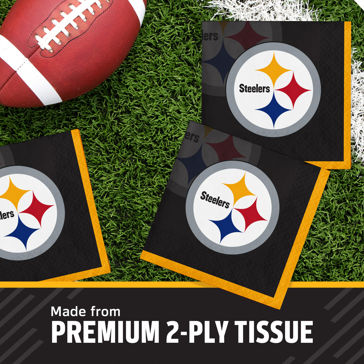 Three Pittsburgh Steelers branded square tissue napkins arranged on green turf next to a football, with text at the bottom reading 'Made from PREMIUM 2-PLY TISSUE'.