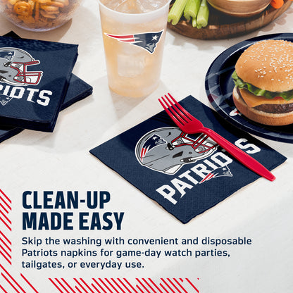 NFL Patriots themed disposable napkins and matching plastic cutlery shown on a table with food and a drink, with text reading 'CLEAN-UP MADE EASY'.
