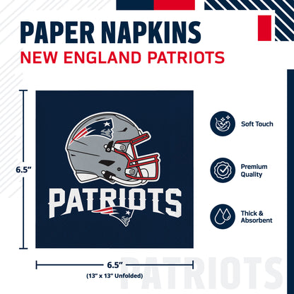 New England Patriots paper napkins shown on a white infographic background with dimensions marked as 6.5 inches by 6.5 inches.