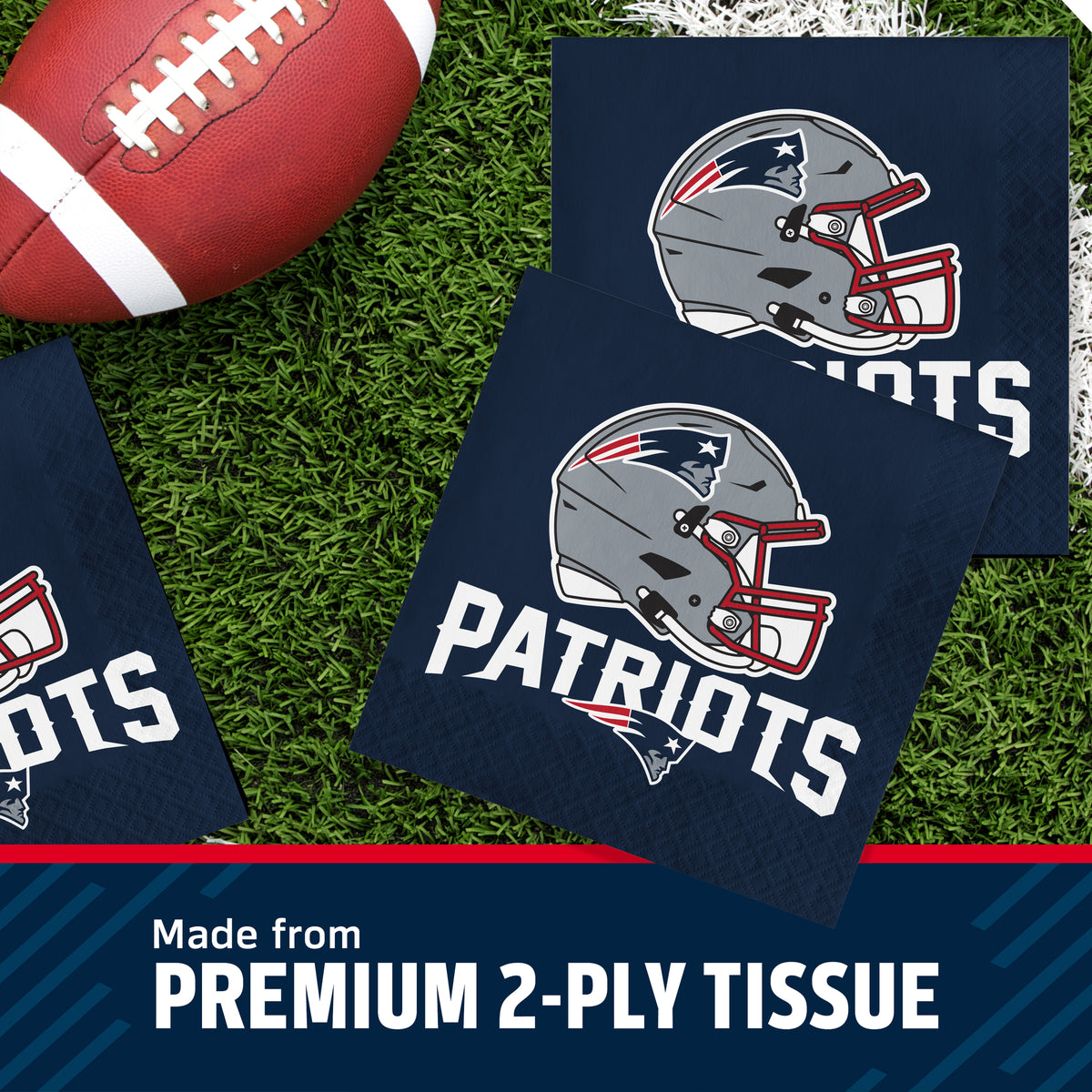 New England Patriots themed square tissue napkins on a green turf background with a football prop, plus a banner at the bottom reading 'Made from PREMIUM 2-PLY TISSUE'.