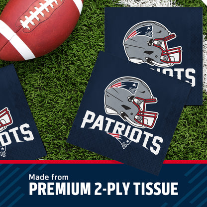 New England Patriots themed square tissue napkins on a green turf background with a football prop, plus a banner at the bottom reading 'Made from PREMIUM 2-PLY TISSUE'.