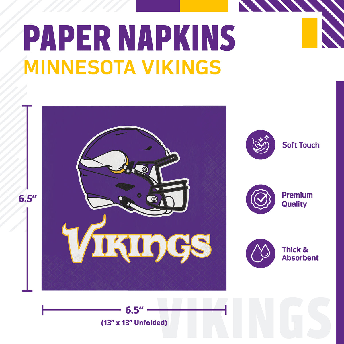 Paper napkins featuring the Minnesota Vikings logo and helmet design, shown with product dimensions and feature callouts on a white background.