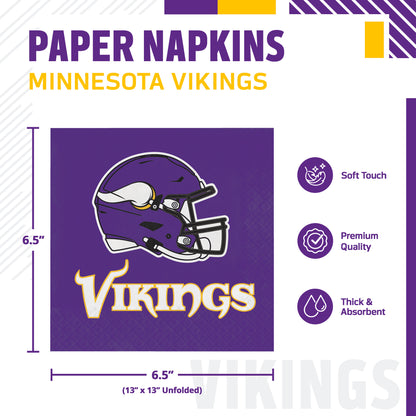 Paper napkins featuring the Minnesota Vikings logo and helmet design, shown with product dimensions and feature callouts on a white background.