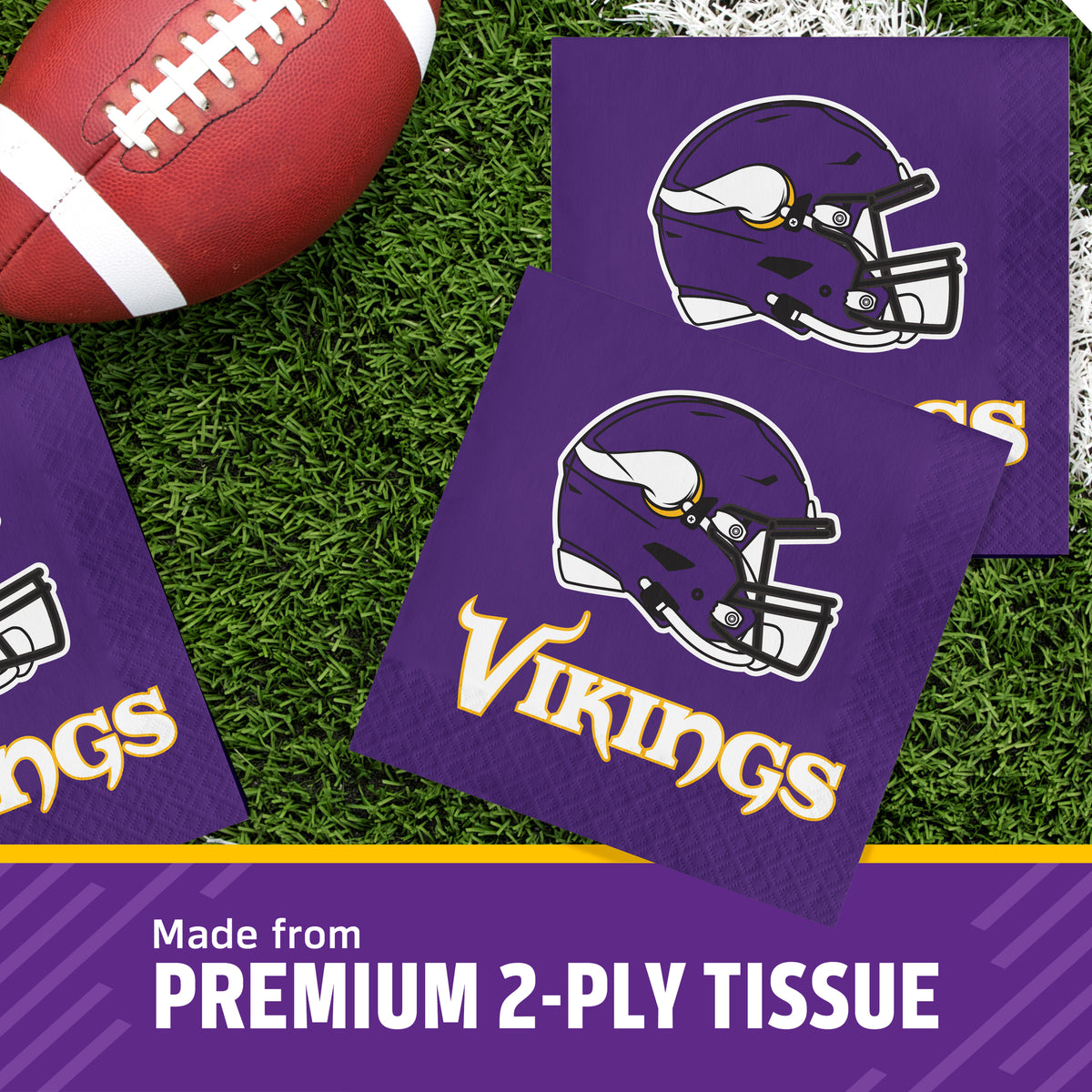 Purple Vikings-themed 2-ply tissue paper sheets with a helmet logo and the word 'Vikings' on a grass-like football field background, with a football prop and a banner reading 'Made from PREMIUM 2-PLY TISSUE'.