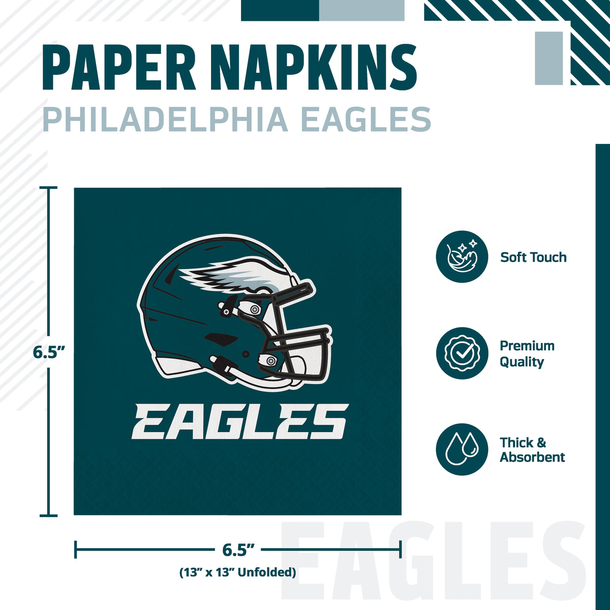 Philadelphia Eagles themed paper napkins shown with product dimensions and feature icons. The napkin has a dark teal background with the Eagles helmet logo and the word EAGLES in white.