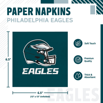 Philadelphia Eagles themed paper napkins shown with product dimensions and feature icons. The napkin has a dark teal background with the Eagles helmet logo and the word EAGLES in white.