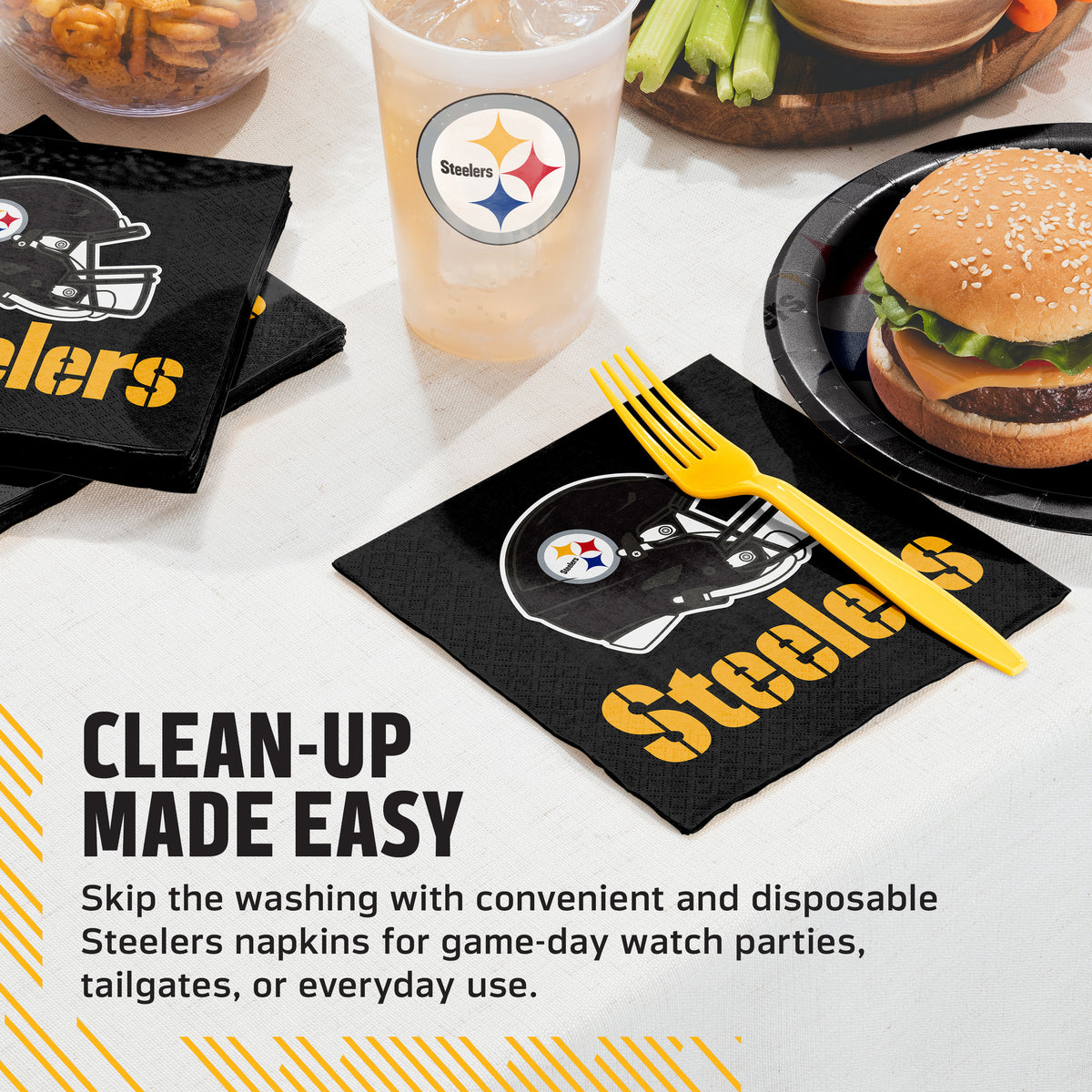 Black disposable Steelers-themed napkins with a yellow and white football helmet logo and the word 'Steelers' in yellow, shown on a table with a yellow plastic fork, a drink cup, a burger, and fries. Text on the image reads 'CLEAN-UP MADE EASY' and describes convenient disposable napkins for game-day watch parties, tailgates, or everyday use.
