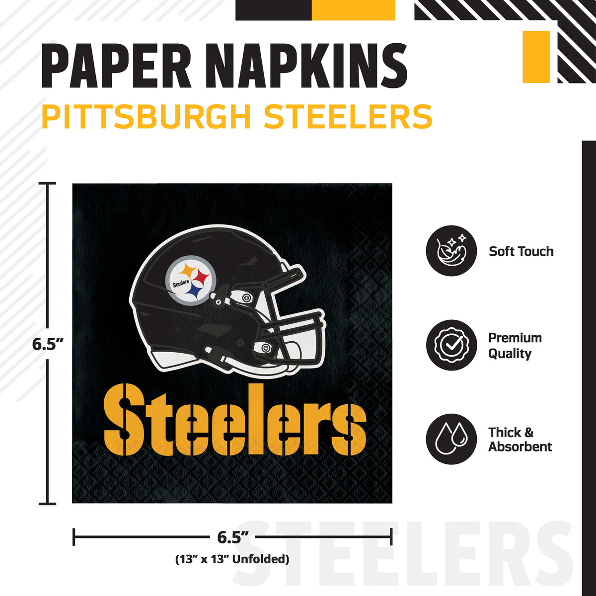 Pittsburgh Steelers paper napkins product graphic showing a black napkin with a Steelers helmet and large Steelers text, plus dimensions and feature callouts on a white background.