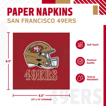 San Francisco 49ers paper napkin set with a 6.5-inch square design featuring the team helmet and '49ERS' text, shown with product dimensions and feature icons on a white background.