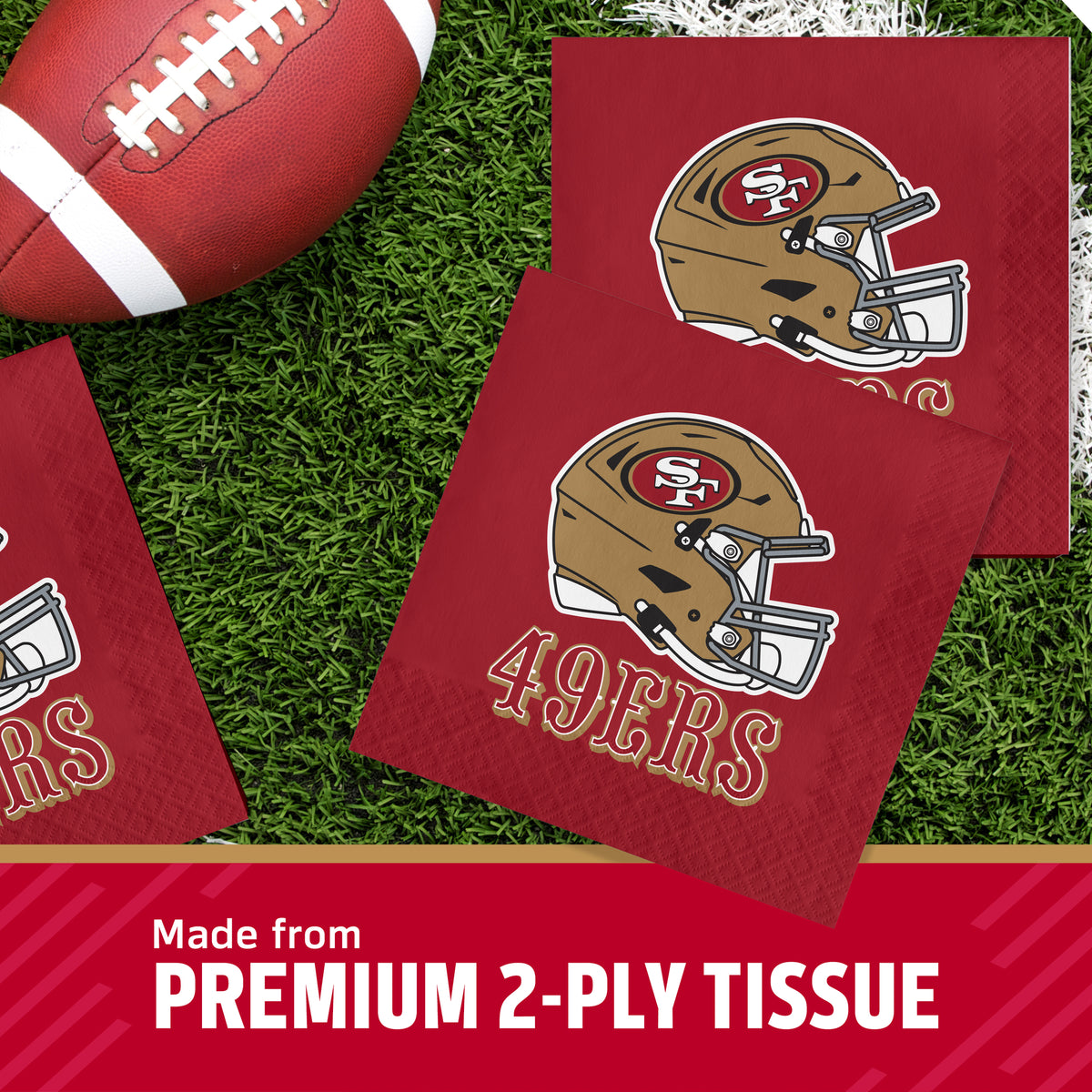 San Francisco 49ers football-themed 2-ply tissue paper napkins on a green turf background with a football prop and a red banner reading 'Made from PREMIUM 2-PLY TISSUE'.