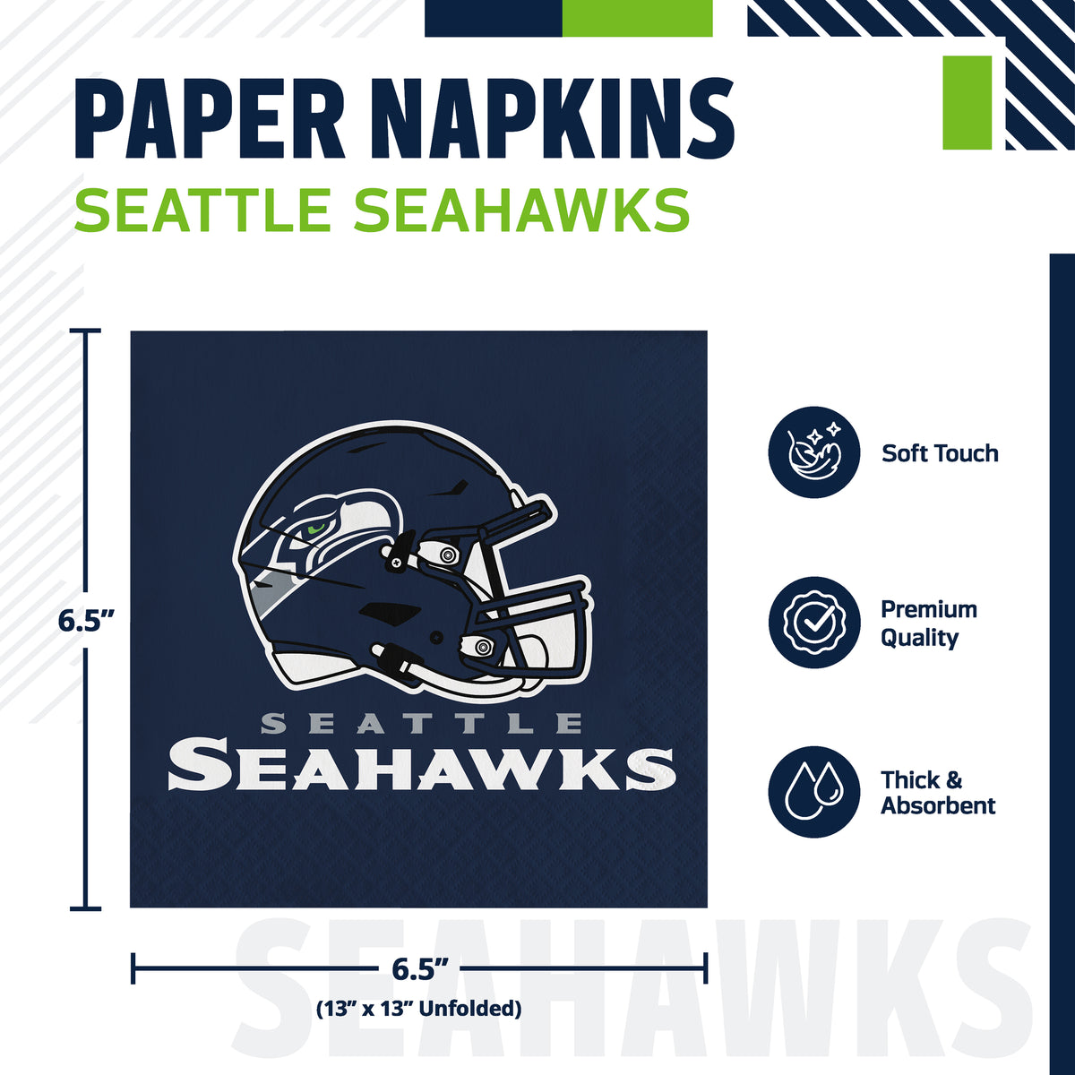 Seattle Seahawks paper napkins shown on a white product graphic with dimensions and feature callouts. The napkin is dark navy blue with the Seahawks helmet logo and team name in white and silver.
