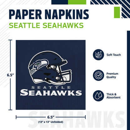 Seattle Seahawks paper napkins shown on a white product graphic with dimensions and feature callouts. The napkin is dark navy blue with the Seahawks helmet logo and team name in white and silver.
