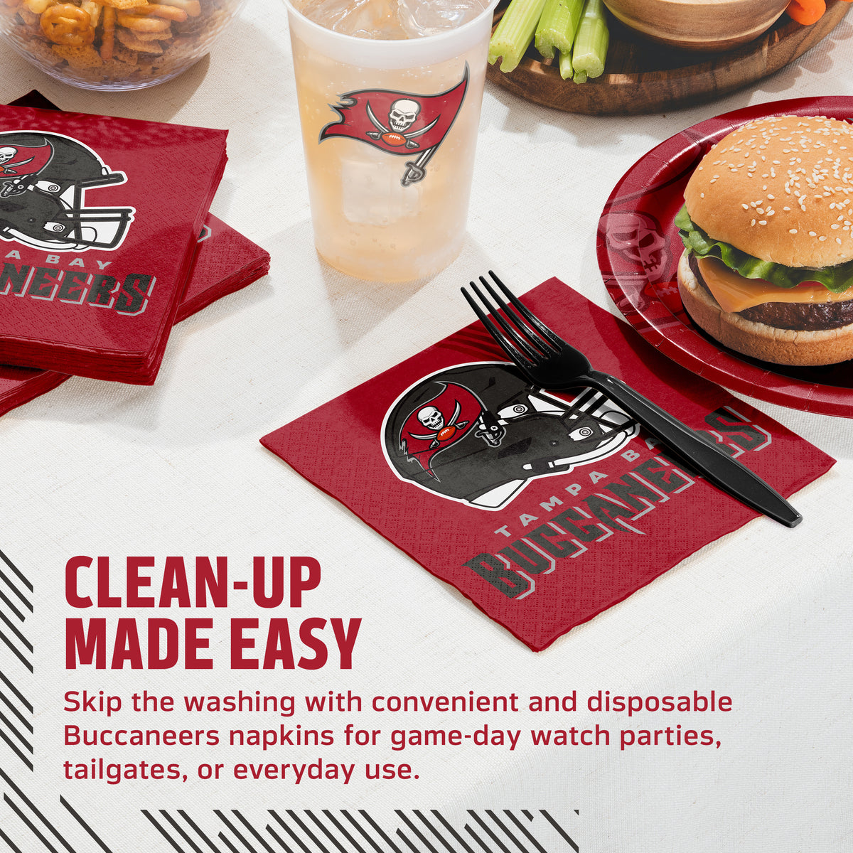 Red Tampa Bay Buccaneers branded paper napkins with a football helmet logo, shown on a tabletop with a burger, drink, plate, and fork. Text on the image reads 'CLEAN-UP MADE EASY' and describes disposable Buccaneers napkins for game-day watch parties, tailgates, or everyday use.