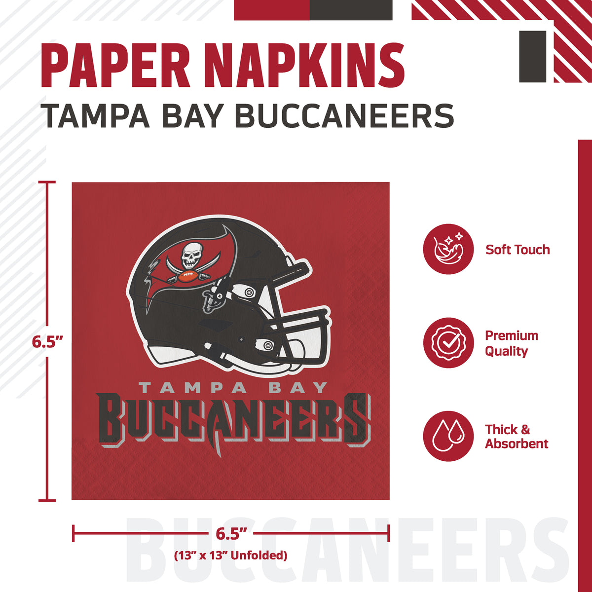 Paper napkins featuring the Tampa Bay Buccaneers logo, shown with dimensions and feature callouts on a white background. The napkin is square and red, with a black and white Buccaneers helmet graphic and team text.