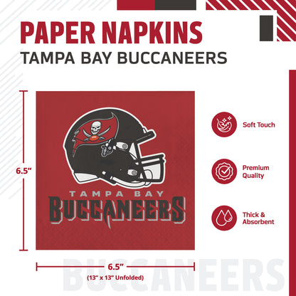 Paper napkins featuring the Tampa Bay Buccaneers logo, shown with dimensions and feature callouts on a white background. The napkin is square and red, with a black and white Buccaneers helmet graphic and team text.