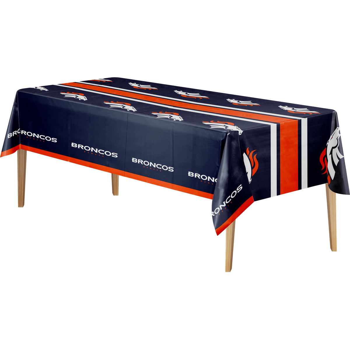A rectangular table covered with a navy blue tablecloth featuring repeated white Broncos logos and orange stripes, shown on a plain white background with visible wooden table legs.