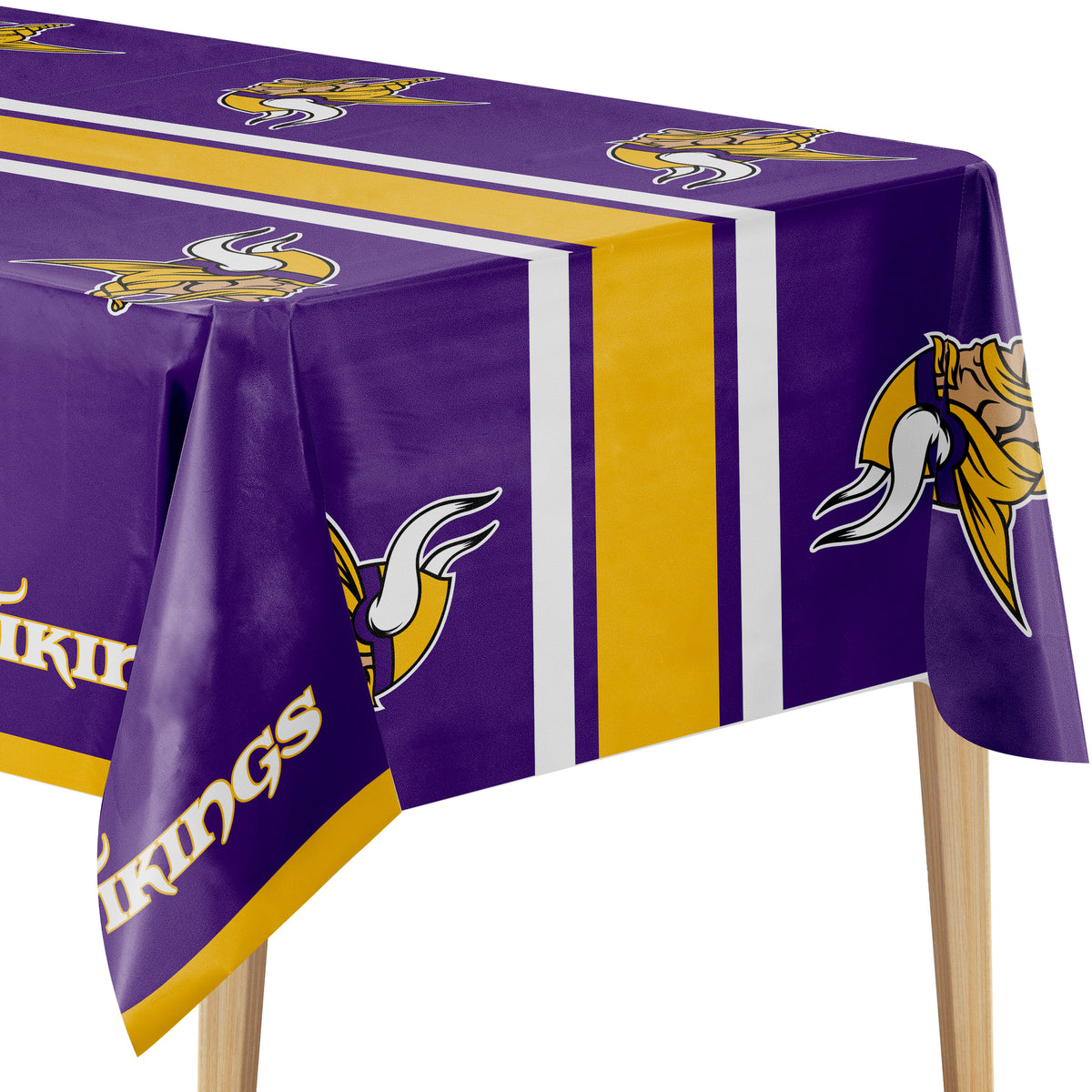 A purple tablecloth with yellow and white stripes and repeated Minnesota Vikings logo graphics, draped over a table on a white background.