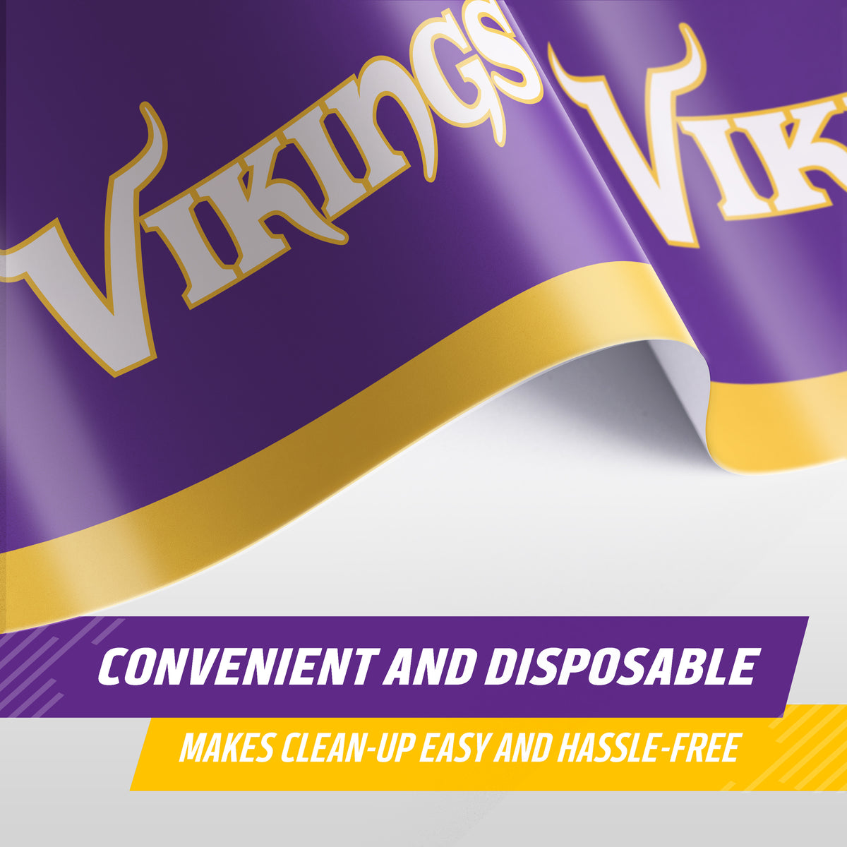 A close-up of a purple and gold Vikings-themed disposable banner or flag with large white and gold lettering, plus marketing text at the bottom reading 'CONVENIENT AND DISPOSABLE' and 'MAKES CLEAN-UP EASY AND HASSLE-FREE'.