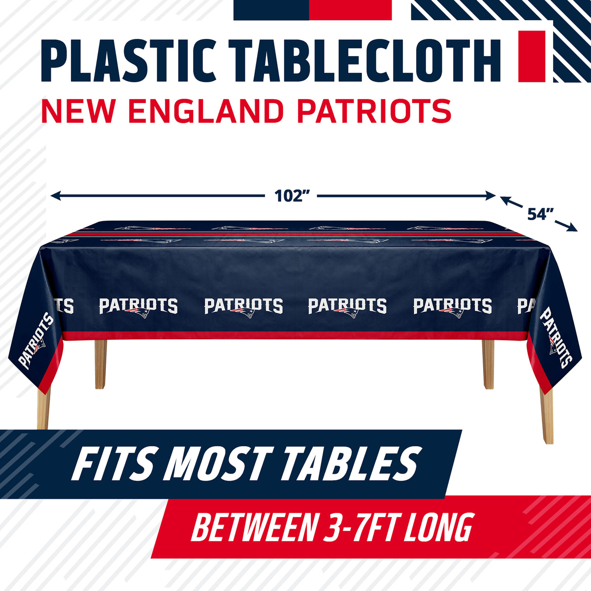 New England Patriots plastic tablecloth shown on a table with dimension arrows indicating 102 inches by 54 inches. The tablecloth is navy blue with repeated white Patriots logos and red side panels, on a white background with team-themed text banners.