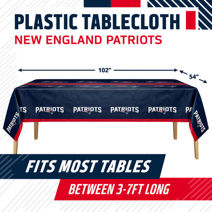New England Patriots plastic tablecloth shown on a table with dimension arrows indicating 102 inches by 54 inches. The tablecloth is navy blue with repeated white Patriots logos and red side panels, on a white background with team-themed text banners.
