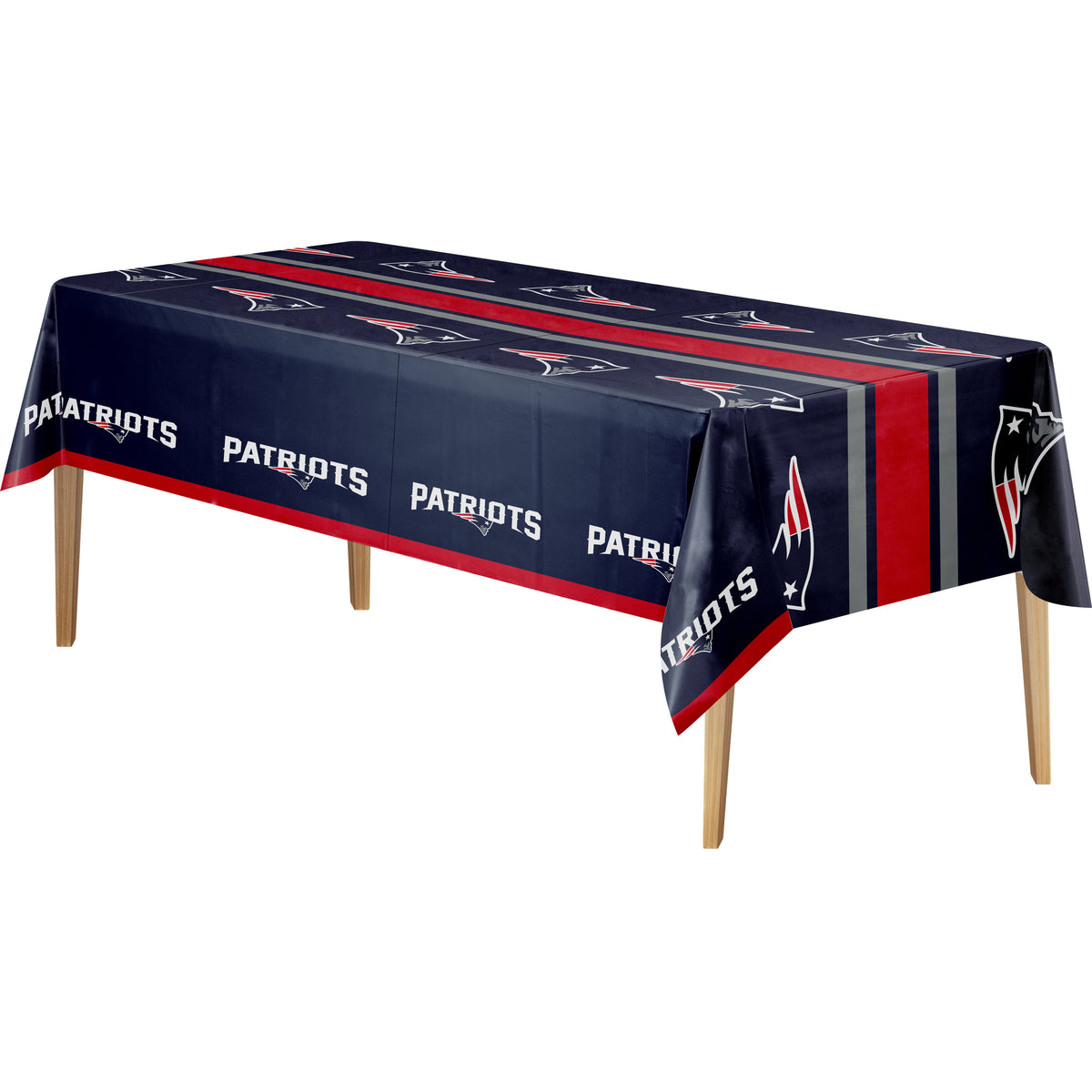 A rectangular table covered with a navy blue Patriots tablecloth featuring red and white stripes, repeated team logos, and the word 'PATRIOTS' along the front edge, shown on a plain white background.