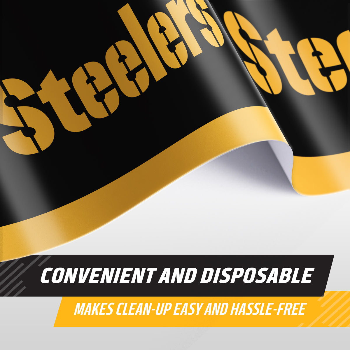 A close-up of a Steelers-branded disposable tablecloth, shown curled to reveal its design. The product is black with a bold gold Steelers logo and a gold curved stripe, with text overlays reading 'CONVENIENT AND DISPOSABLE' and 'MAKES CLEAN-UP EASY AND HASSLE-FREE'.
