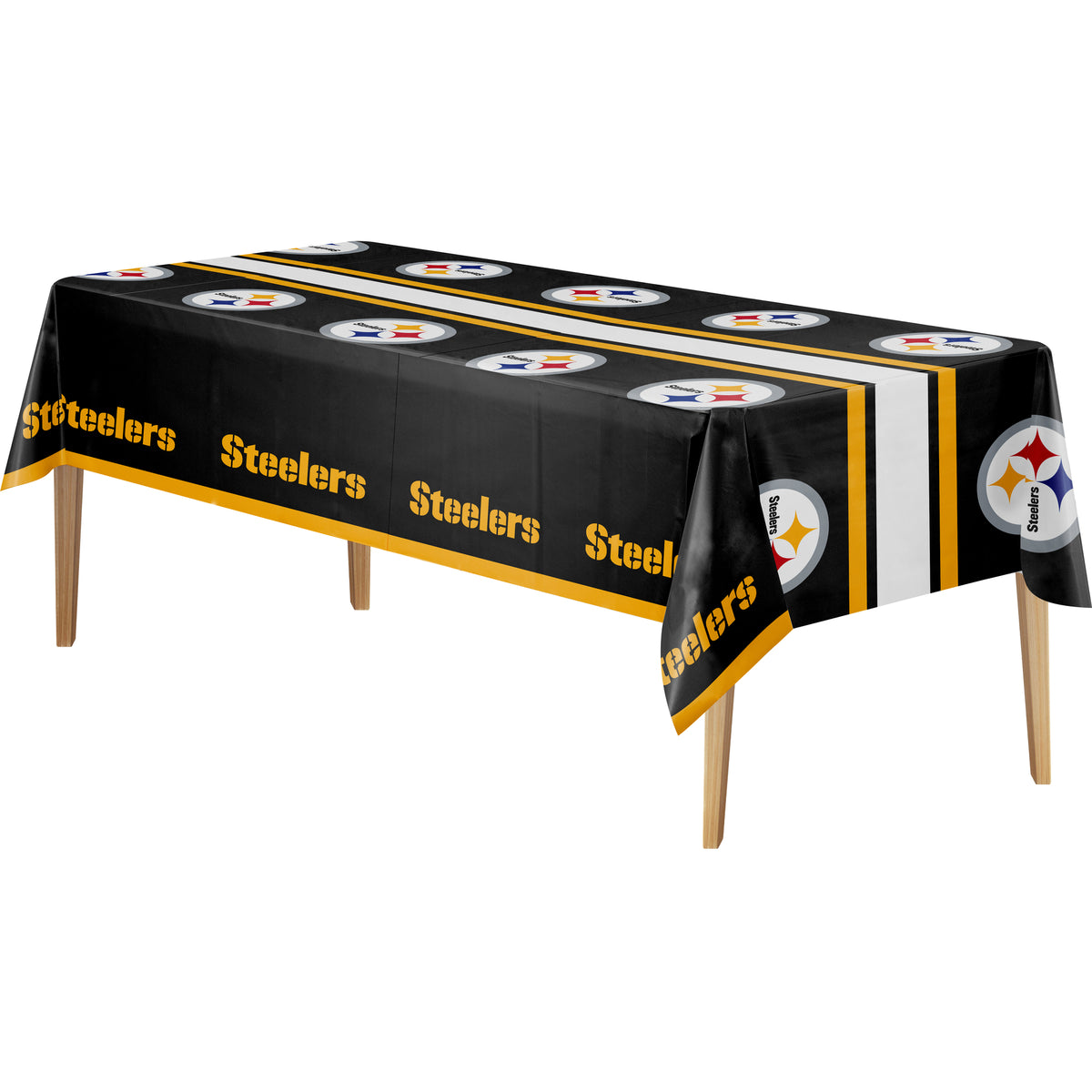 A Pittsburgh Steelers themed rectangular tablecloth displayed on a table with wooden legs against a plain white background. The tablecloth features the team's black, gold, and white colors with the Steelers logo and name printed repeatedly.