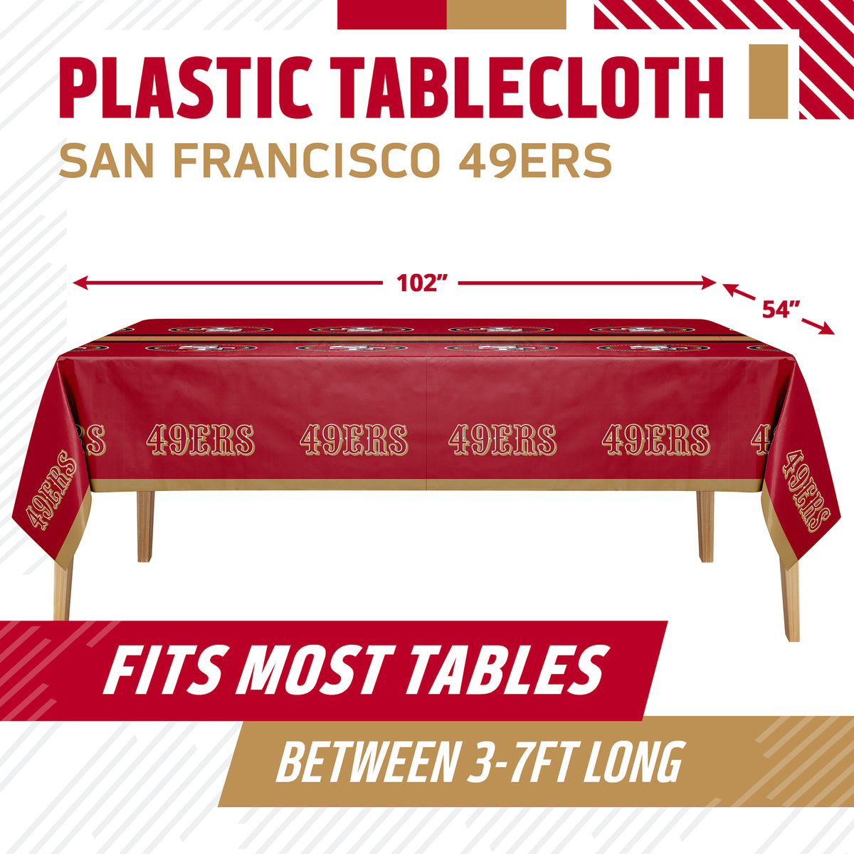 San Francisco 49ers themed plastic tablecloth shown on a table with dimension arrows indicating 102 inches by 54 inches. The tablecloth is dark red with gold lettering and team graphics.