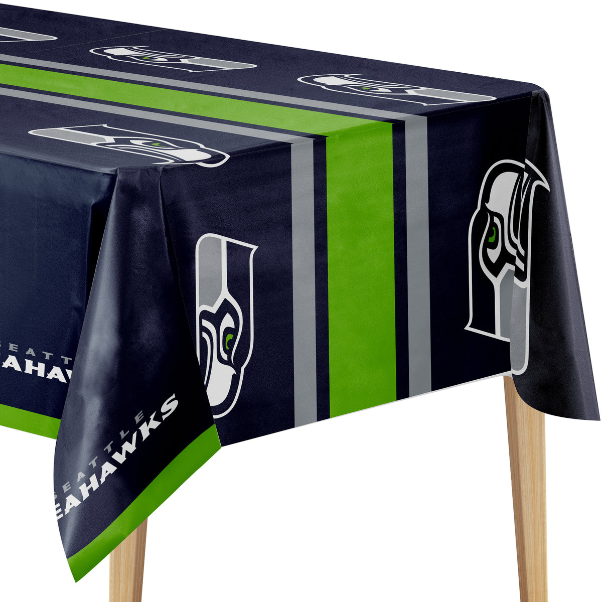 Seattle Seahawks themed rectangular tablecloth draped over a table, featuring the team logo, team name, and vertical stripes in navy, green, silver, and white.