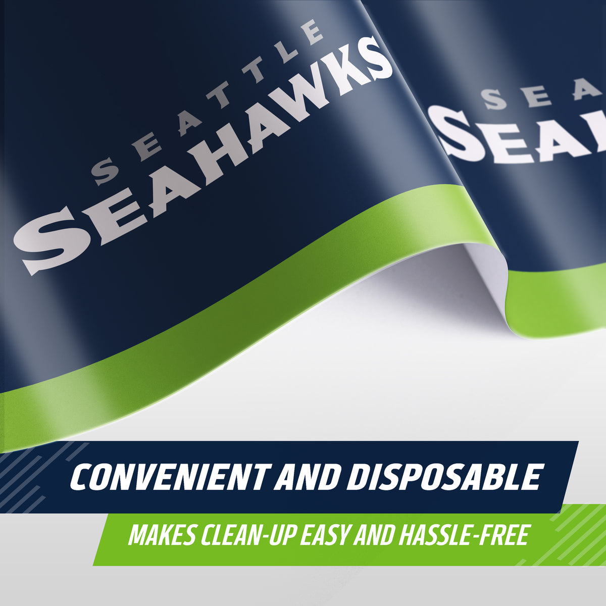 Seattle Seahawks themed disposable tablecloth shown in a close-up promotional graphic. The tablecloth features the Seahawks logo in white and silver on a dark navy background with a bright green accent stripe and 'CONVENIENT AND DISPOSABLE' text along the bottom on a promotional banner