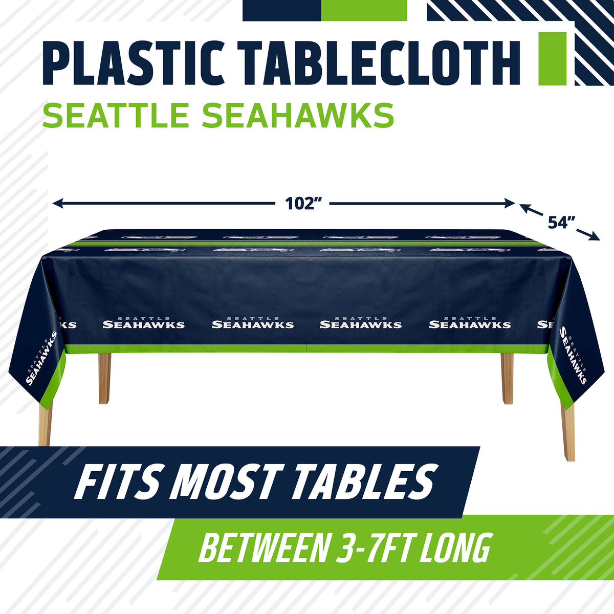 Seattle Seahawks themed plastic tablecloth shown draped over a table, with size arrows indicating 102 by 54 inches. Text at top reads 'PLASTIC TABLECLOTH SEATTLE SEAHAWKS' and bottom banner says 'FITS MOST TABLES BETWEEN 3-7FT LONG'.
