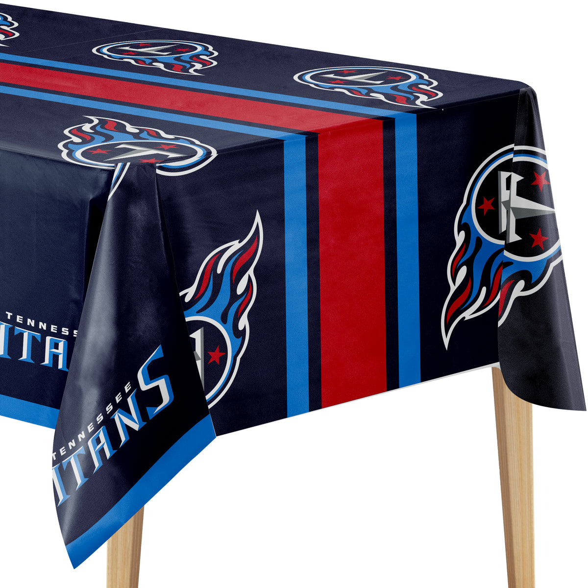 A Tennessee Titans themed tablecloth draped over a table, featuring the team logo, team name, and vertical red and blue stripes on a dark navy background.