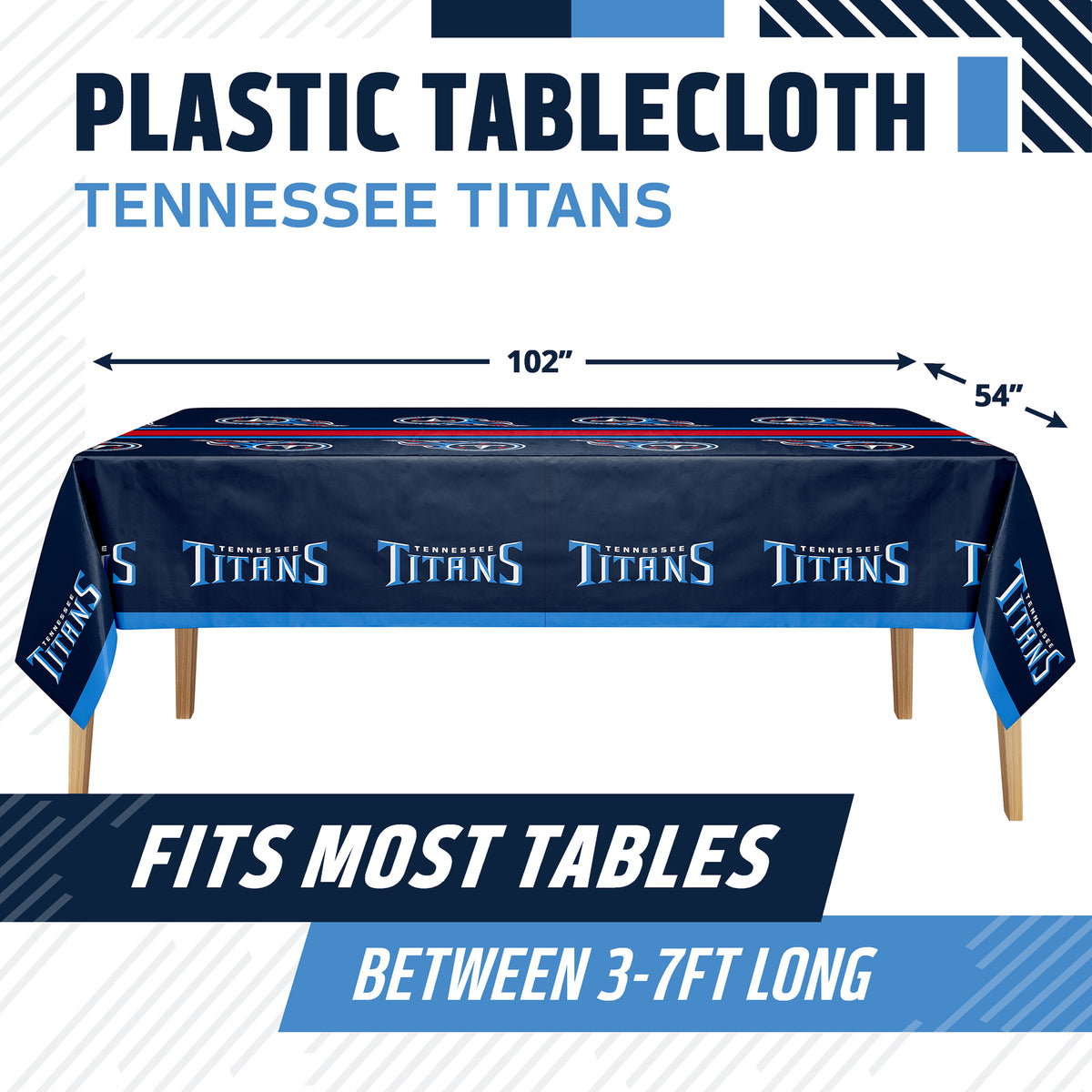 Plastic tablecloth featuring Tennessee Titans branding, shown draped over a table with dimension arrows indicating 102 by 54 inches. Text at top reads 'PLASTIC TABLECLOTH TENNESSEE TITANS' and bottom text says 'FITS MOST TABLES BETWEEN 3-7FT LONG'.