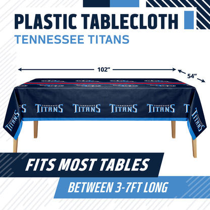 Plastic tablecloth featuring Tennessee Titans branding, shown draped over a table with dimension arrows indicating 102 by 54 inches. Text at top reads 'PLASTIC TABLECLOTH TENNESSEE TITANS' and bottom text says 'FITS MOST TABLES BETWEEN 3-7FT LONG'.