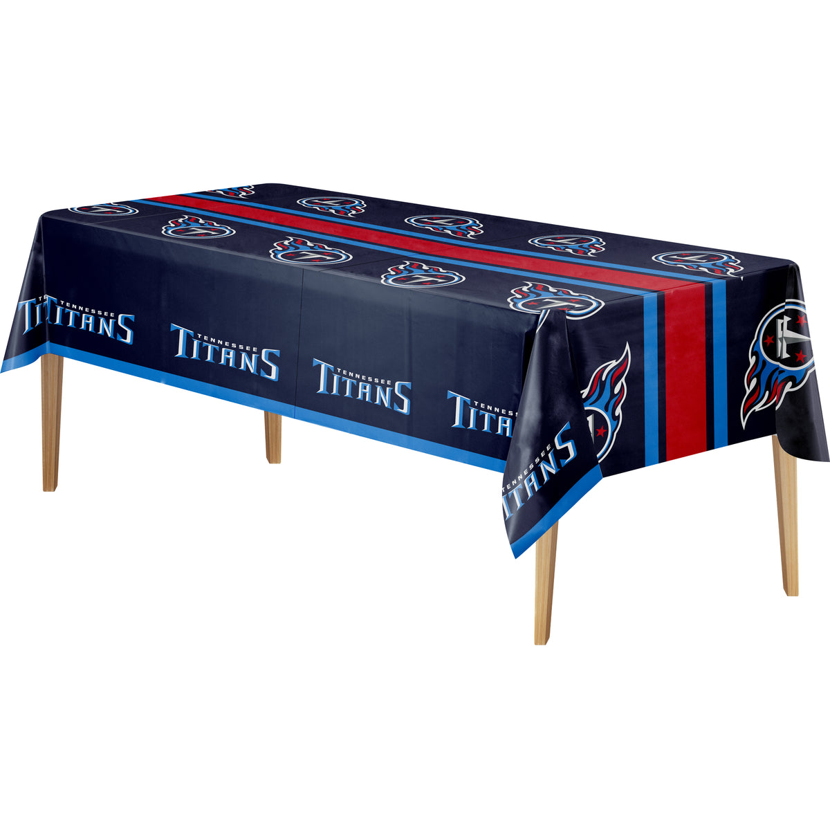A rectangular table covered with a navy blue tablecloth featuring repeated Tennessee Titans logos and team text, shown on a plain white background.