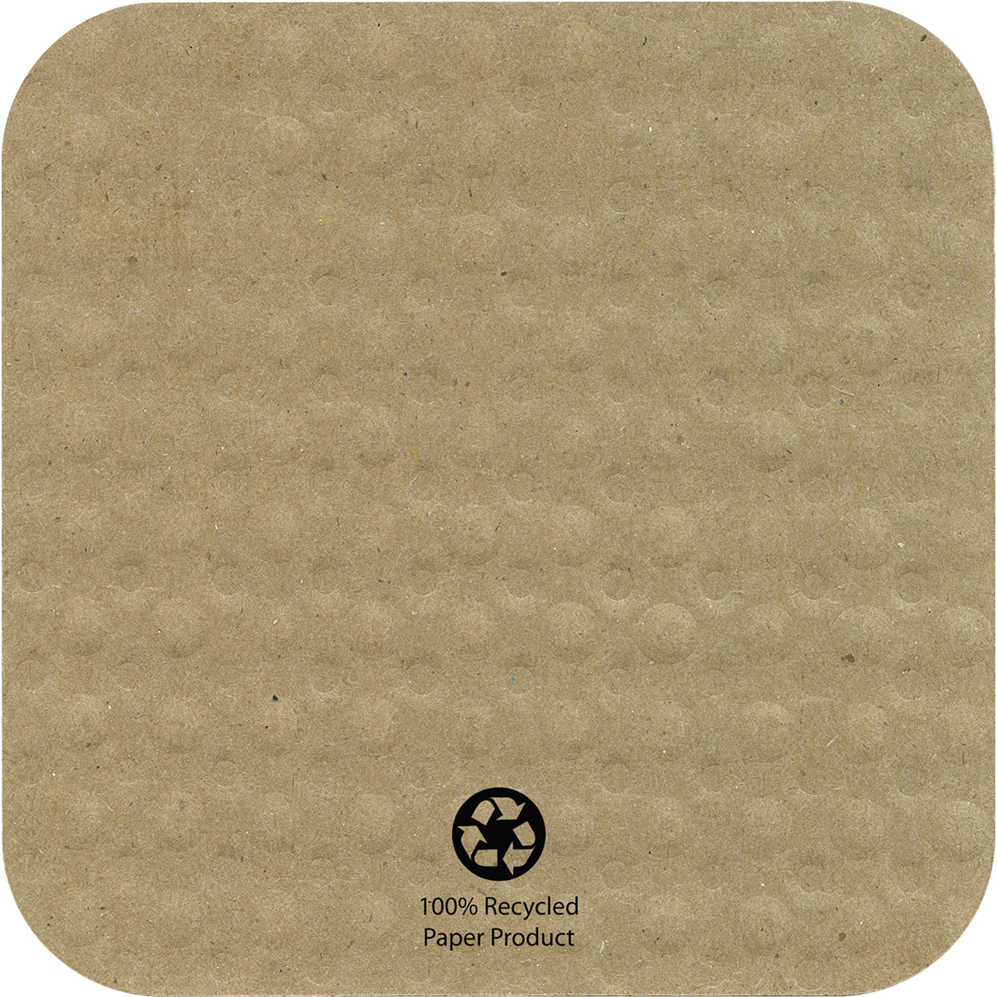 Recycled square drink coaster with a recycling symbol and text on a brown background