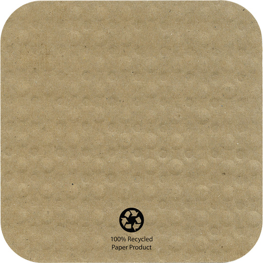 Recycled square drink coaster with a recycling symbol and text on a brown background