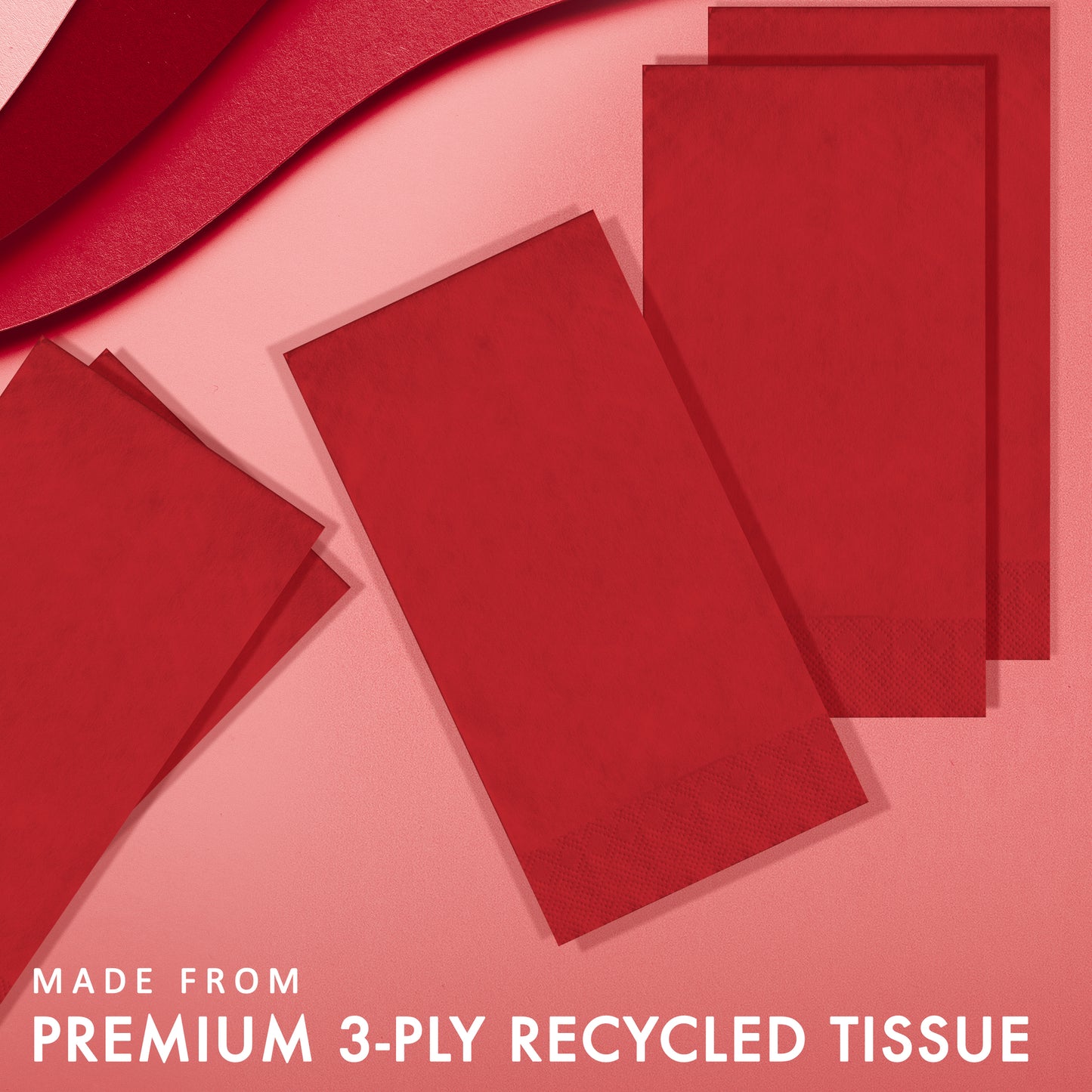 Red tissue paper on a light red background with text about premium 3-ply recycled tissue.