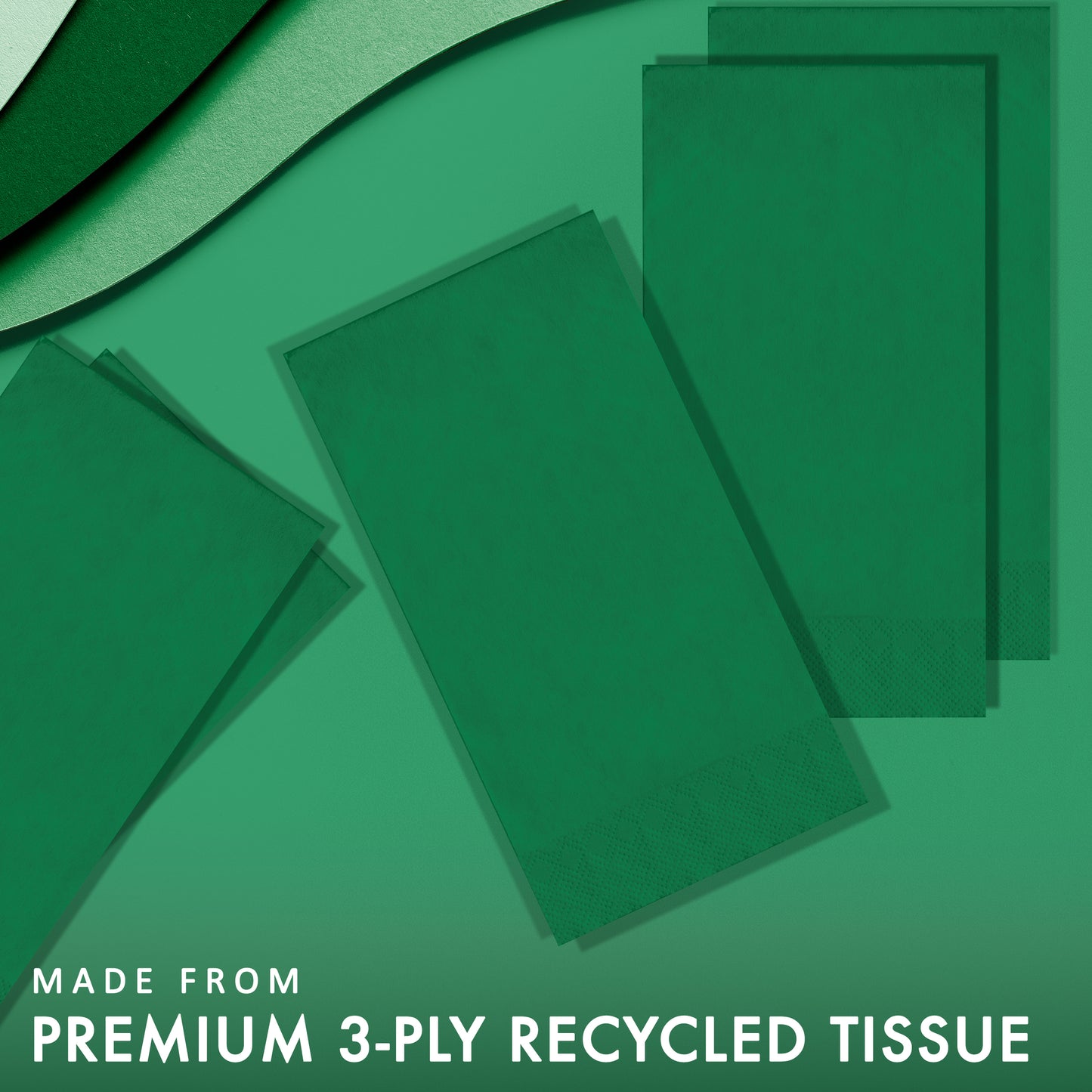 Emerald green pin embossed guest napkins on a green background with "Made from premium 3-ply recycled tissue"