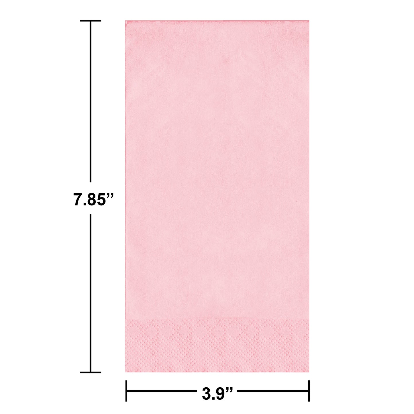 Pink dinner napkin with dimensions labeled on a white background