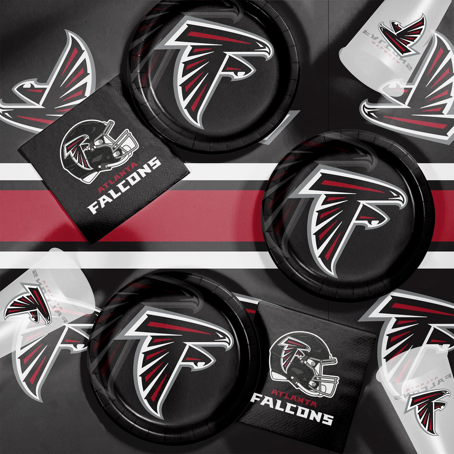 Atlanta Falcons logo plates, napkins and cups on a black background