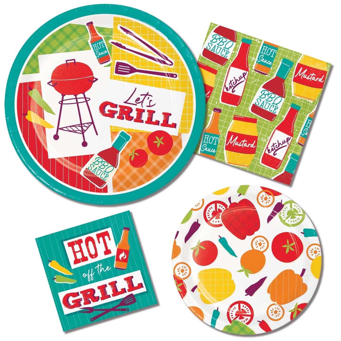 Colorful party supplies with grill-themed designs on plates and napkins.