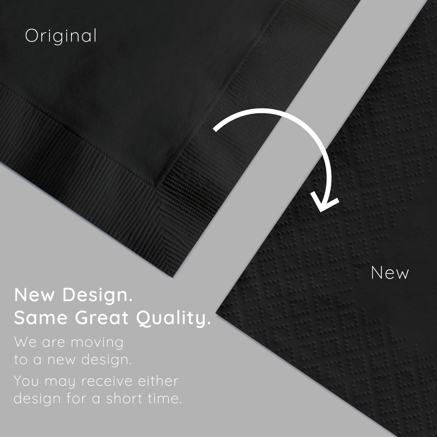 Comparison of two black napkins with text indicating a design change.