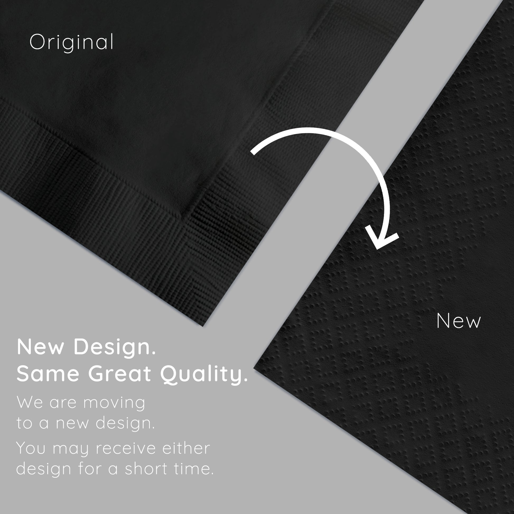 Comparison of two black napkins with text indicating a design change.
