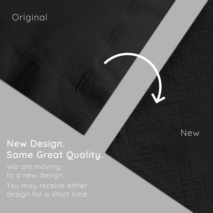 Comparison of two black napkins with text indicating a design change.