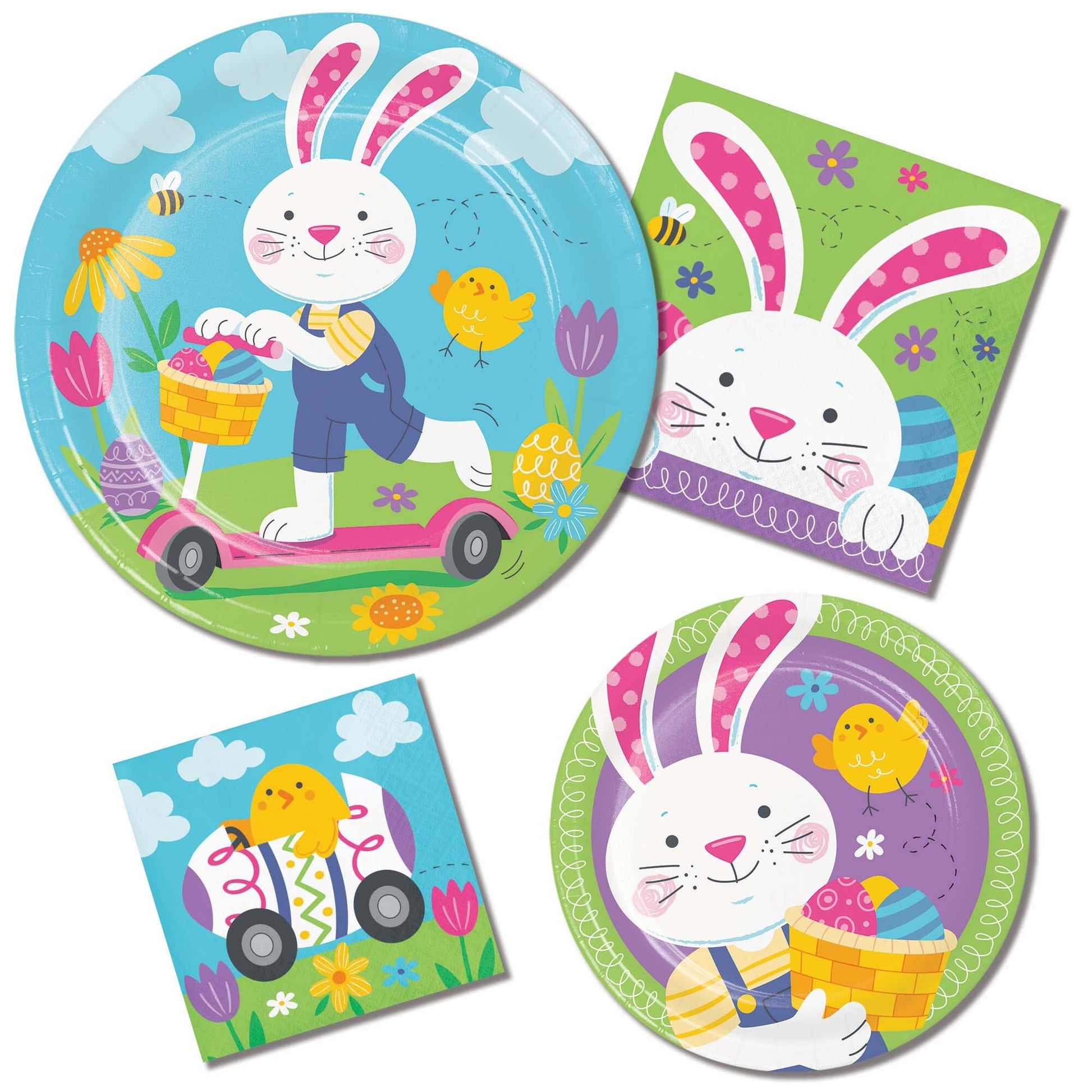 Set of Easter-themed paper plates and napkins with cartoon bunnies and chicks on a white background.
