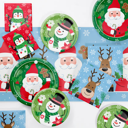 Set of Christmas-themed paper plates with Santa Claus, reindeer, and snowmen on a white background.