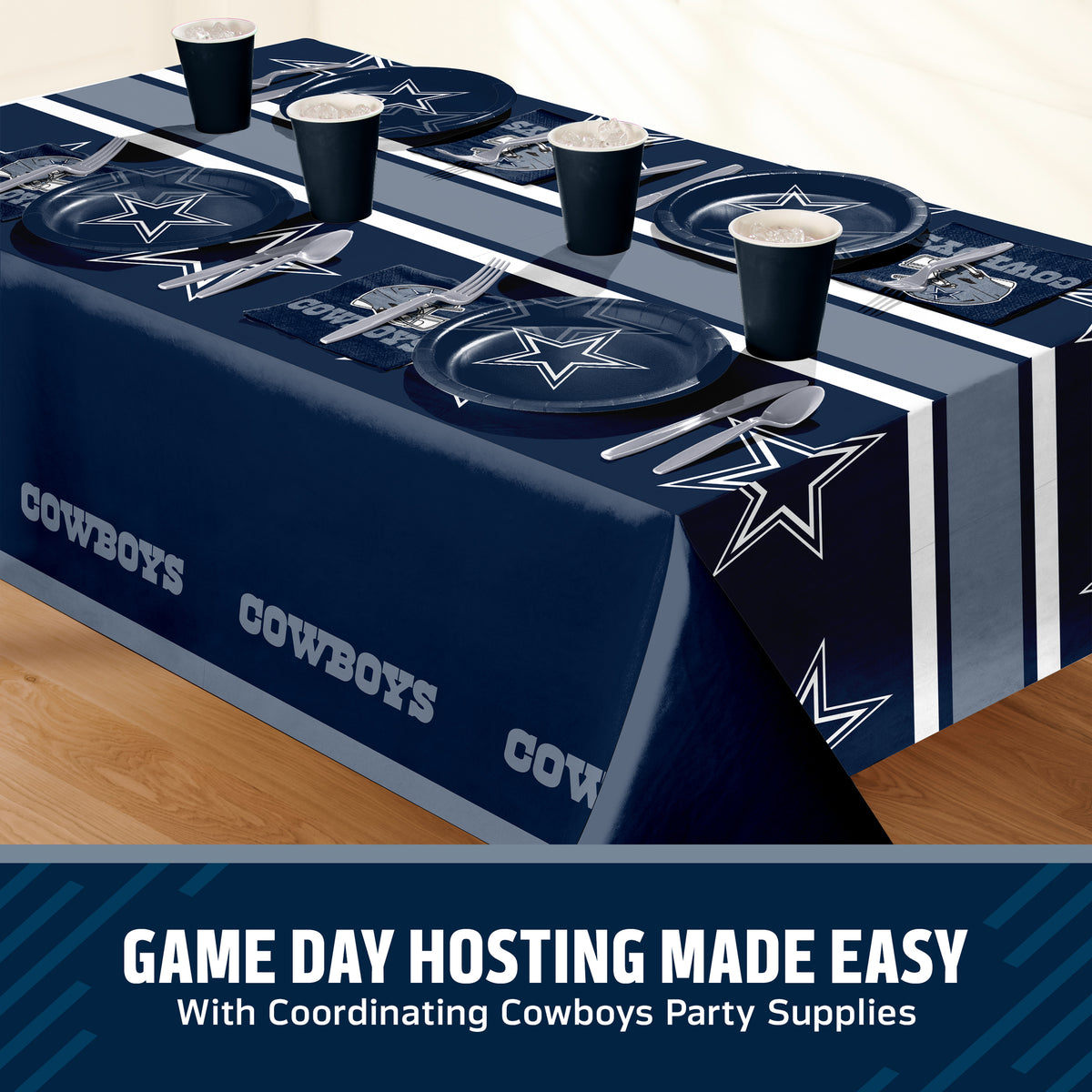 Dallas Cowboys themed party table setting with a printed tablecloth, matching plates, cups, and utensils, shown on a table with a promotional banner at the bottom that says "Game Day Hosting Made Easy".