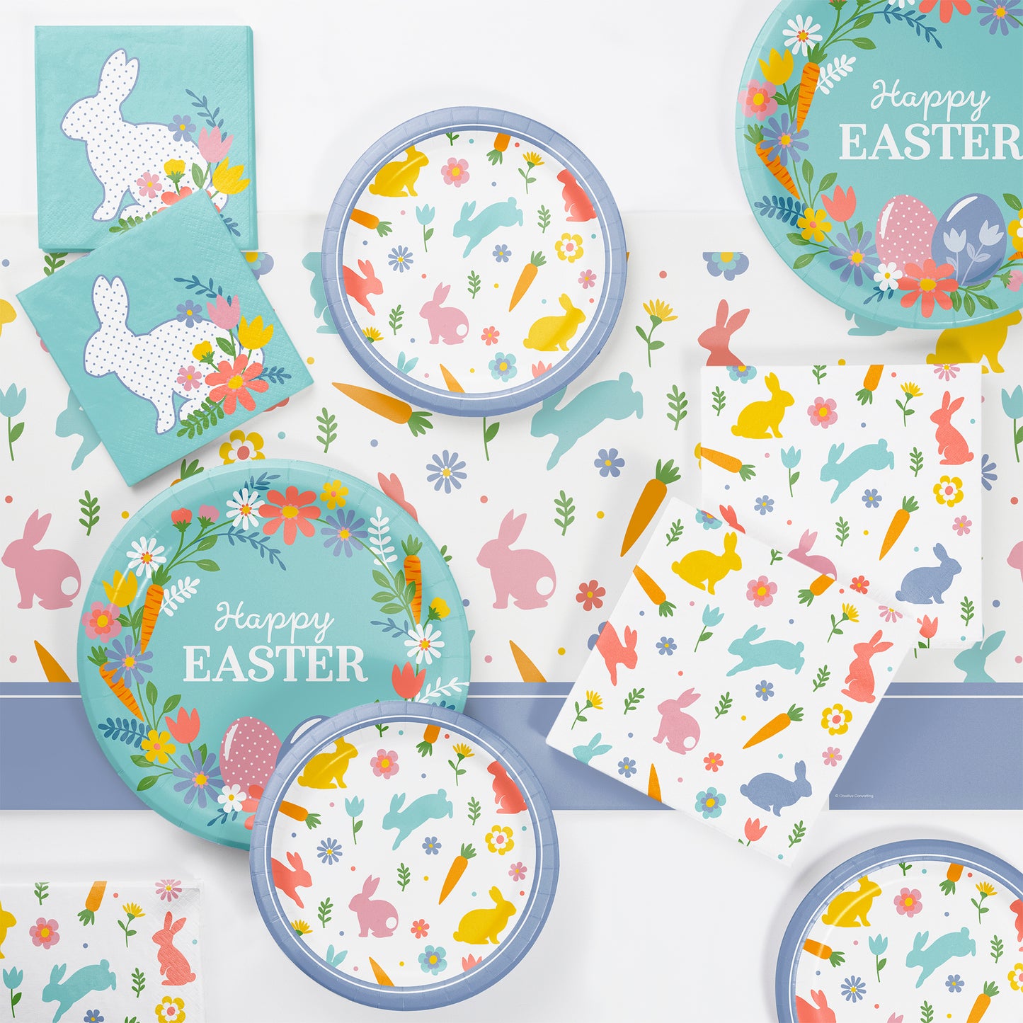 Easter-themed tableware set with bunny and egg designs on a white background