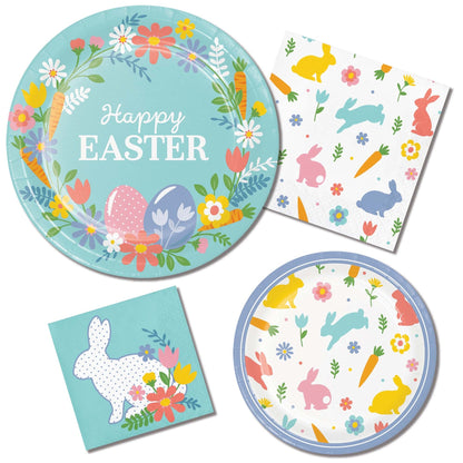Easter-themed plates and napkins with floral and bunny designs on a white background.